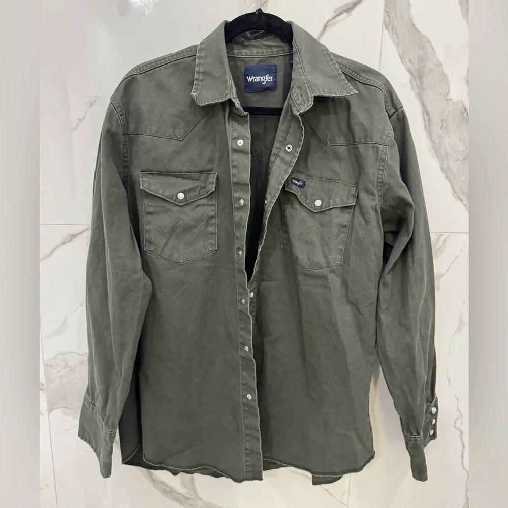 Wrangler Vintage Brushpopper Olive Green Pearl Snap Button Down Casual Shirt - Picture 9 of 9